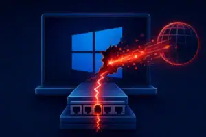 Grafik zeigt einen Computer mit Windows-Logo und Netzwerkanschluss, unterbrochen von Rissen.