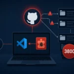 GitHub logo and VS Code icon connected to user and data breaches.