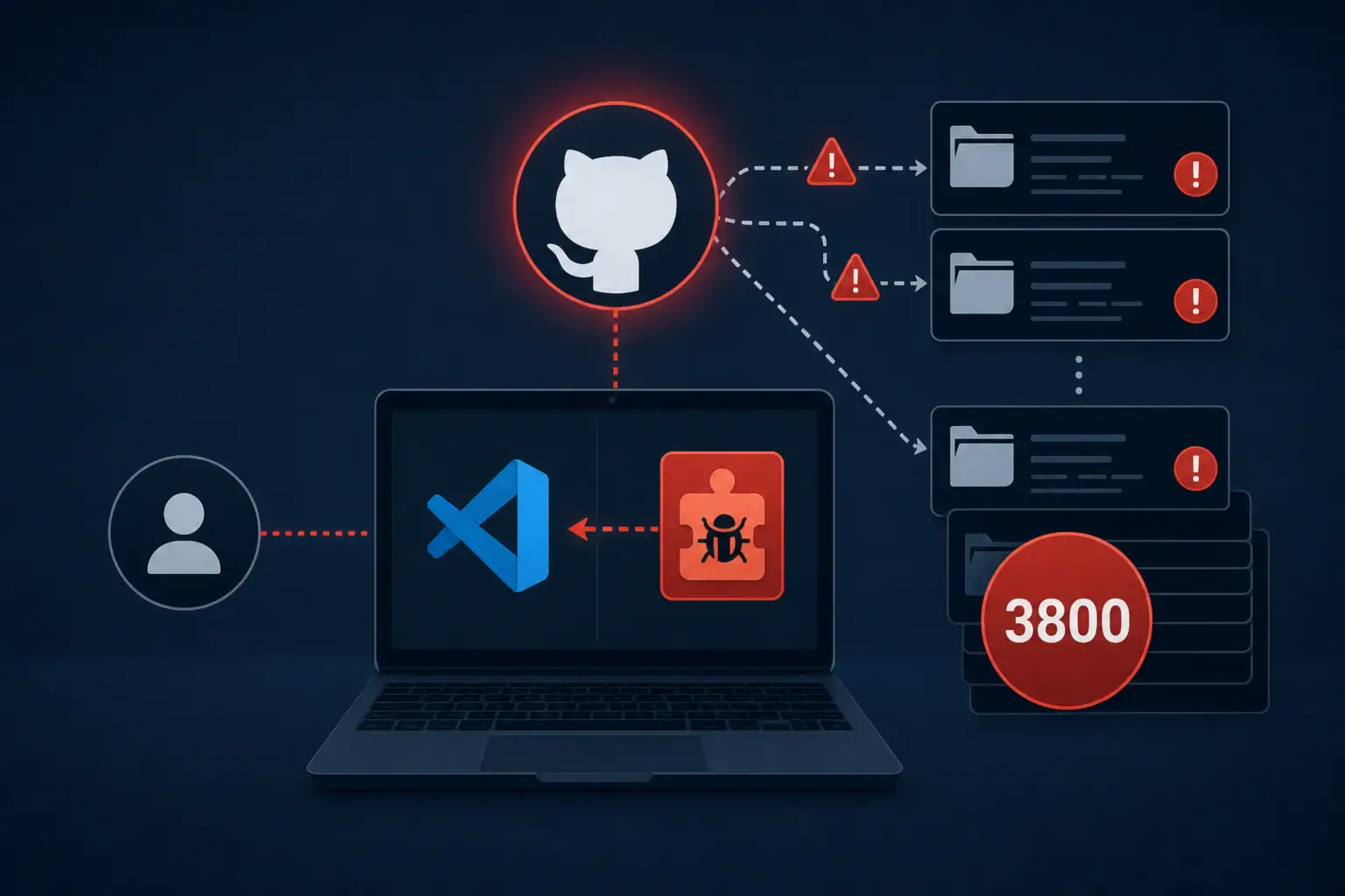 GitHub logo and VS Code icon connected to user and data breaches.