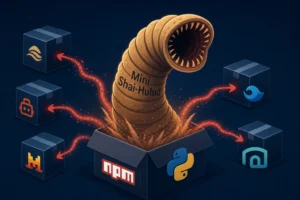 Giant worm labeled "Mini Shai-Hulud" emerging from a box with package icons.