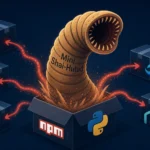 Ein riesiger Wurm entsteigt einer geöffneten Box mit npm- und PyPI-Logos.
