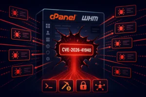 cPanel and WHM interface with a warning about CVE-2026-41940 vulnerability.