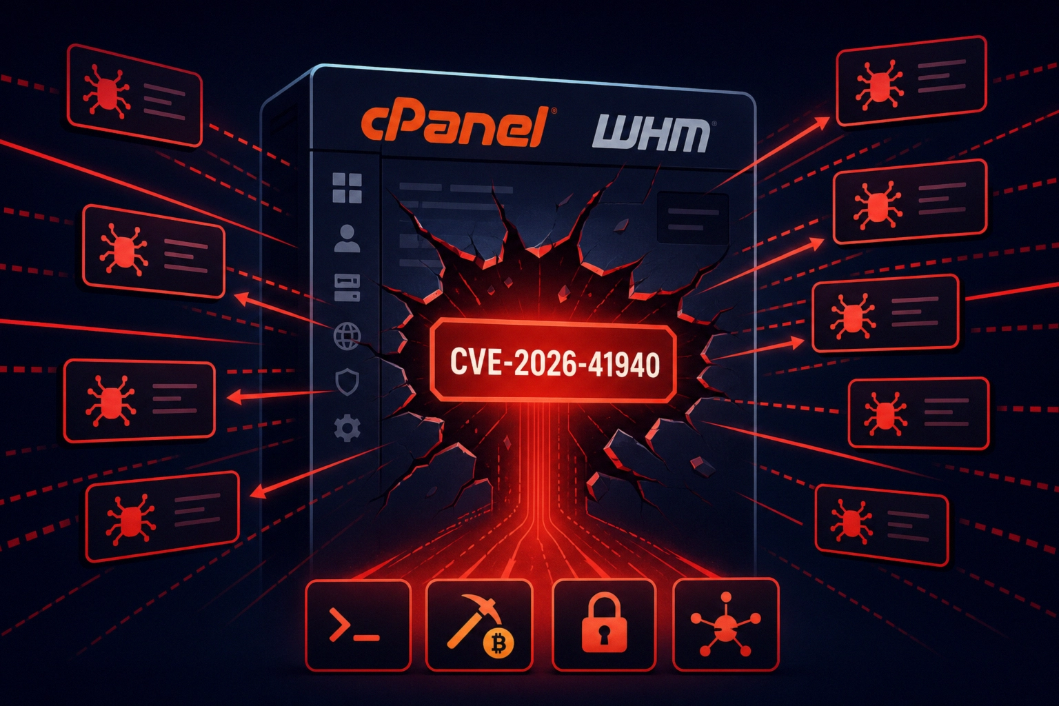 cPanel and WHM interface with a warning about CVE-2026-41940 vulnerability.