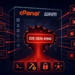 cPanel/WHM Sicherheitslücke CVE-2026-41940 mit Virussymbole dargestellt