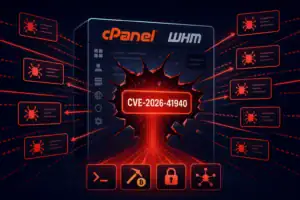 cPanel/WHM Sicherheitslücke CVE-2026-41940 mit Virussymbole dargestellt