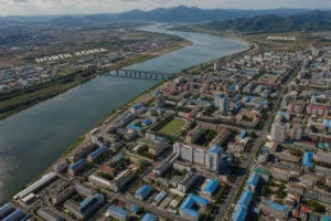 Aerial view of a river separating North Korea and Russia, with urban landscapes.