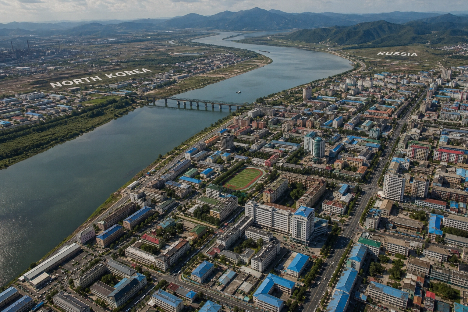 Aerial view of a river separating North Korea and Russia, with urban landscapes.