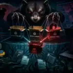 Dark-themed digital artwork featuring a bear manipulating software boxes and code elements.