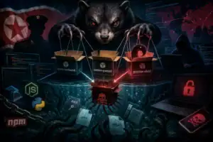 Dark-themed digital artwork featuring a bear manipulating software boxes and code elements.