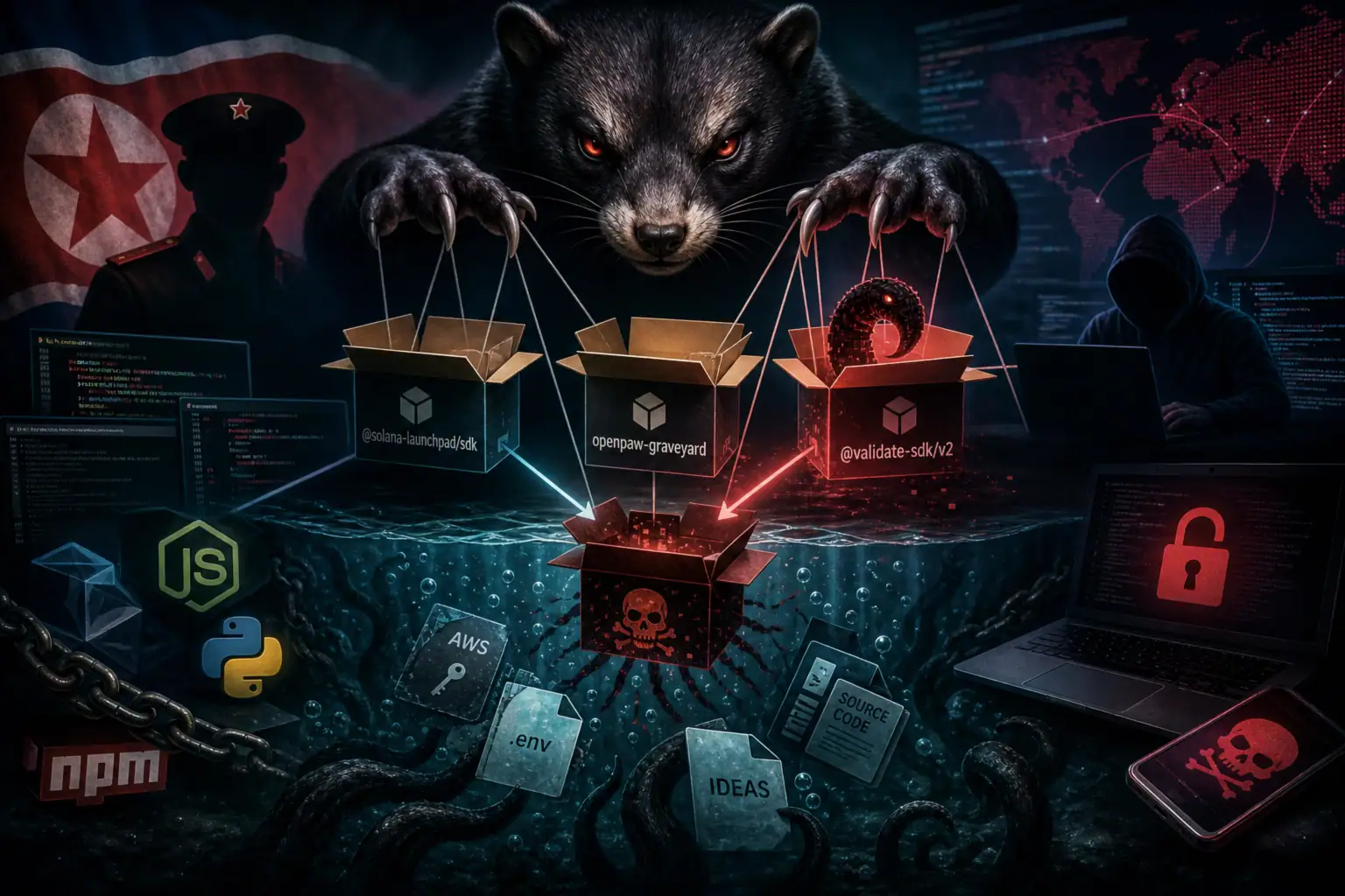 Dark-themed digital artwork featuring a bear manipulating software boxes and code elements.