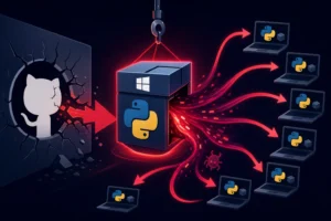 GitHub logo breaking through a wall, Python container spreading malware to laptops.