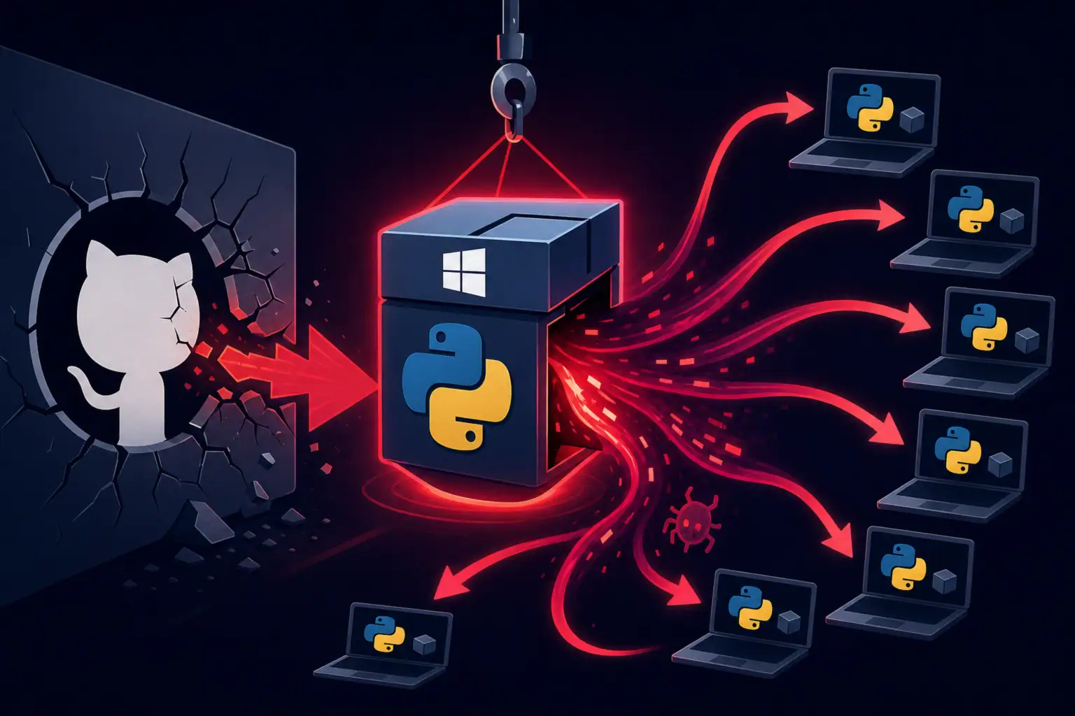 Графическое представление атаки на GitHub с использованием Python для вредоносного ПО.