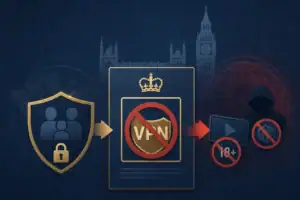 Grafik zu VPN-Einschränkungen in Großbritannien mit Symbolen für Datenschutz.