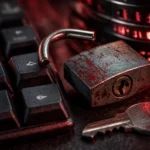 Rusty padlock and key beside a black keyboard, suggesting digital security themes.