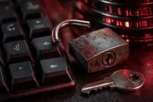 Rostiger Vorhängeschloss mit Schlüssel neben einer Tastatur auf dunklem Untergrund.
