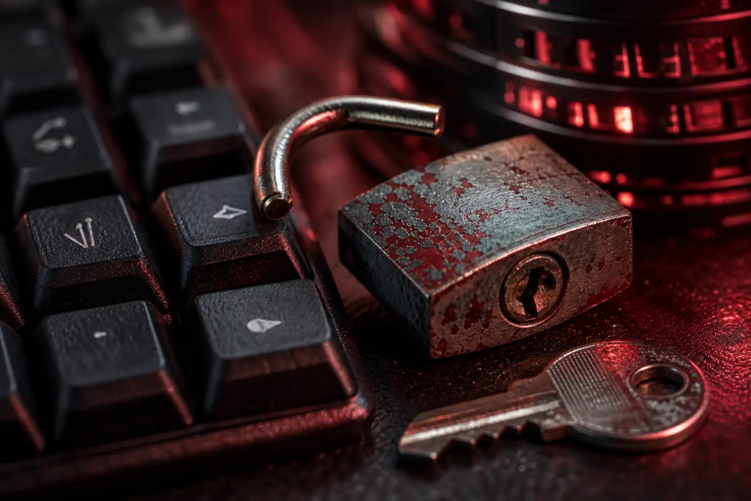 Candado abierto y clave junto a un teclado en un ambiente oscuro y dramático.
