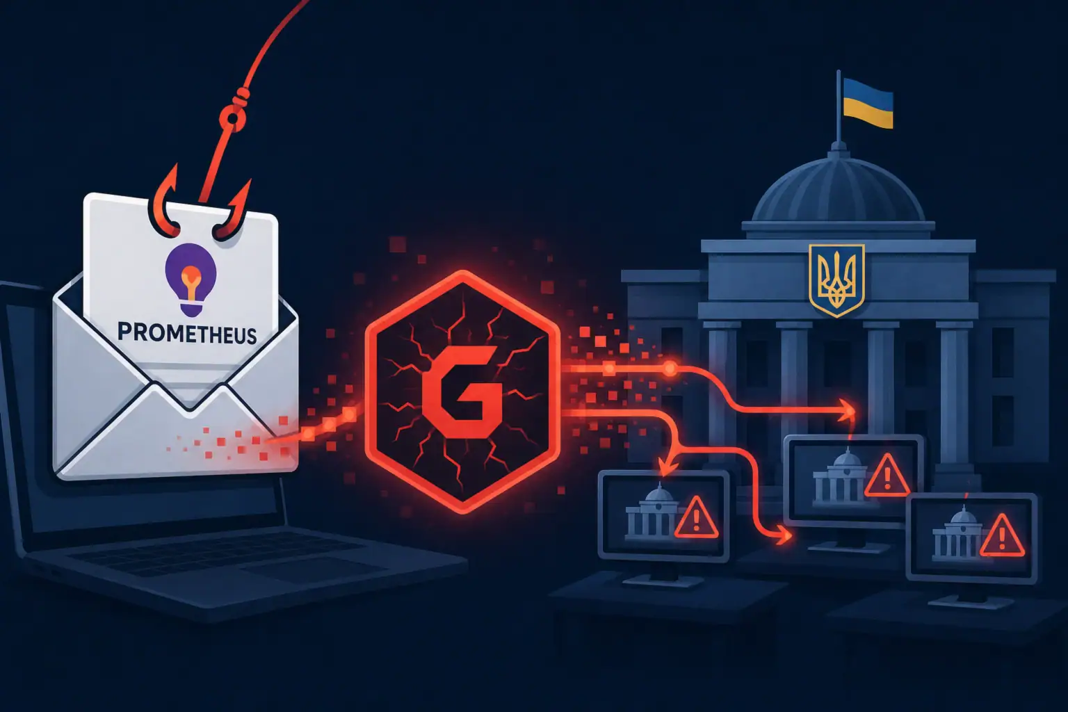 Кибератака на правительство Украины, изображенная через фишинговое письмо.