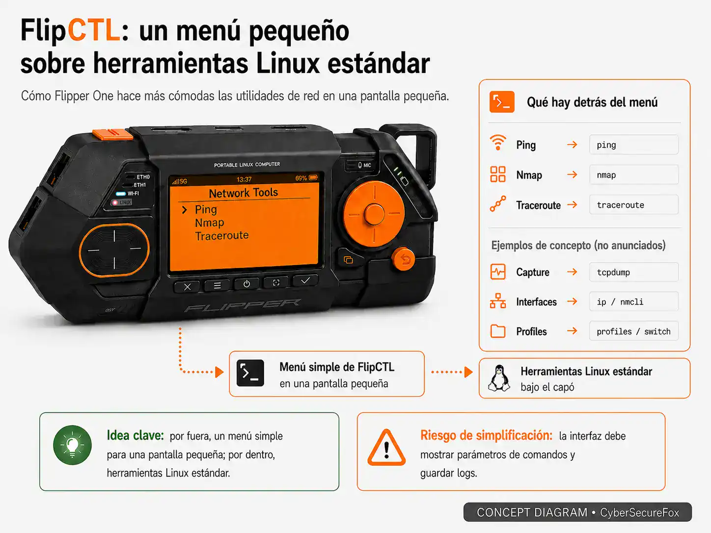 Concepto de interfaz FlipCTL para Flipper One — un menú simple en la pantalla pequeña envuelve utilidades estándar de Linux: Ping ejecuta ping, Nmap ejecuta nmap, Traceroute ejecuta traceroute