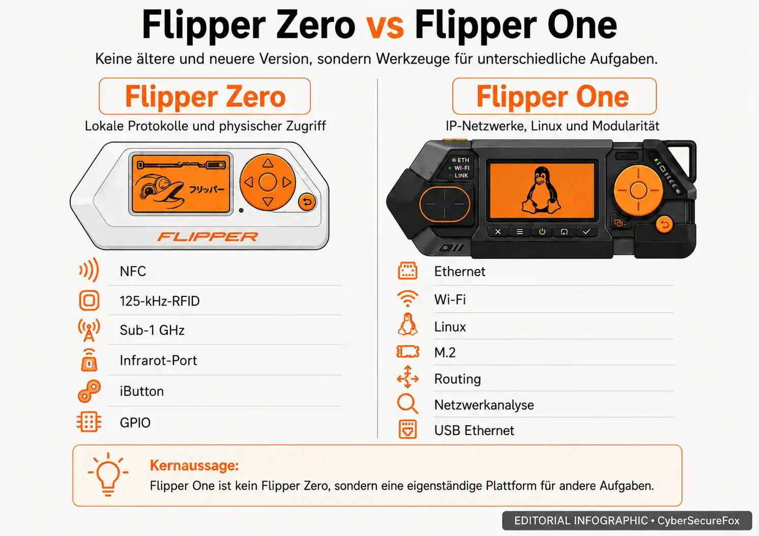 Vergleich Flipper Zero und Flipper One — Zero arbeitet mit NFC, RFID, Sub-1 GHz und iButton; One arbeitet mit Ethernet, Wi-Fi, Linux, M.2 und Routing