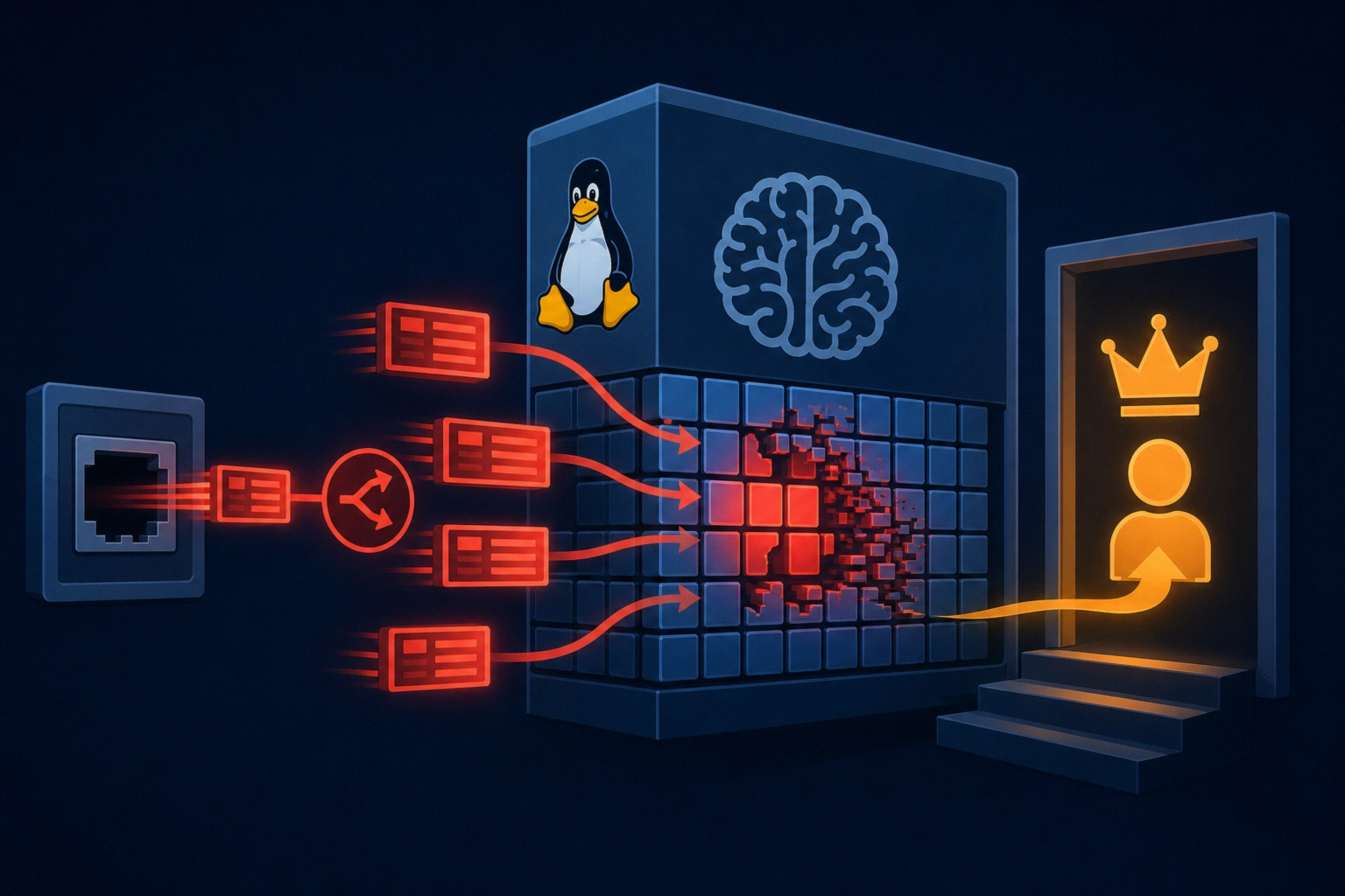 Visual representation of Linux kernel vulnerability and privilege escalation.