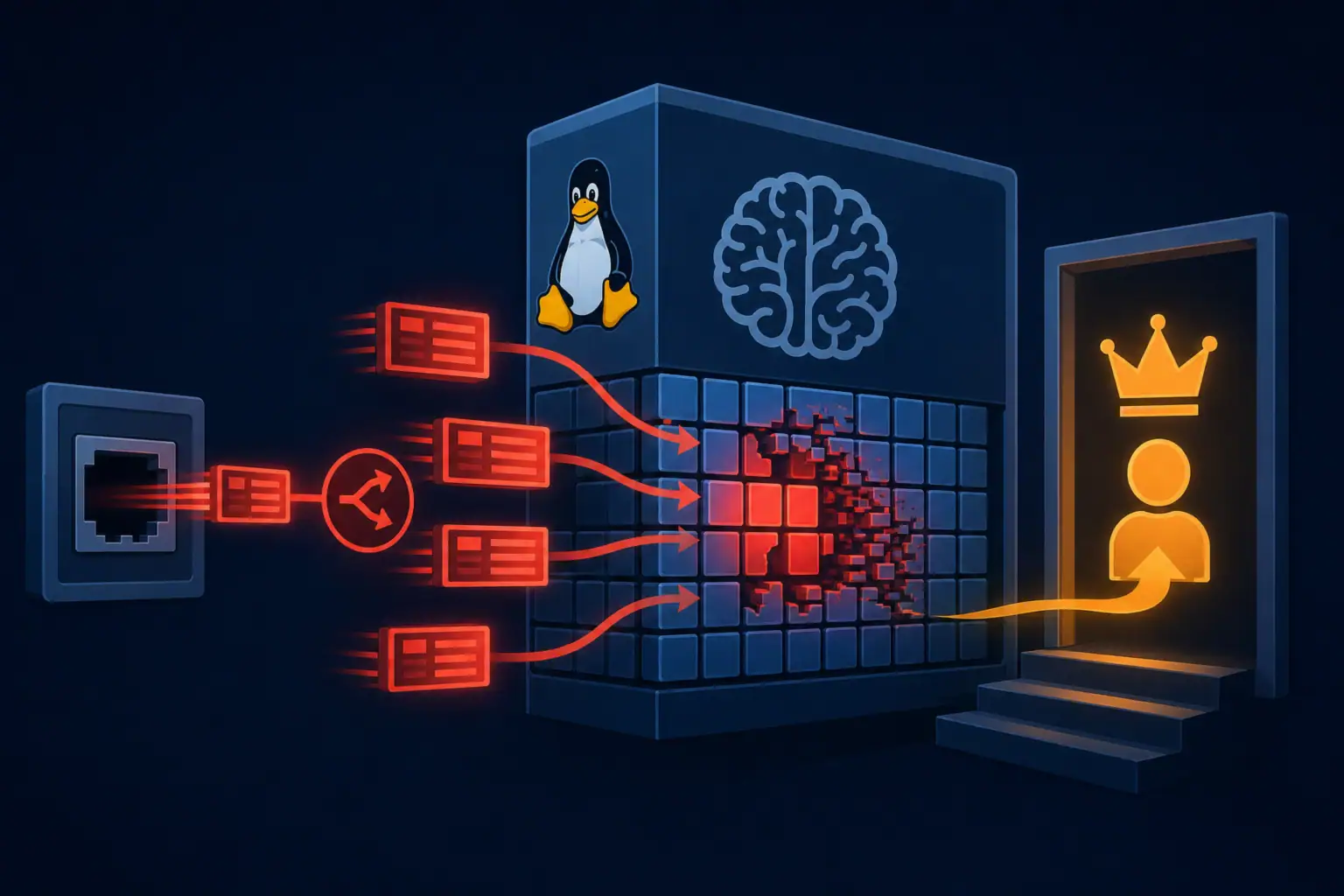 Grafische Darstellung eines Linux-Kernel-Sicherheitsproblems mit Datenfluss.