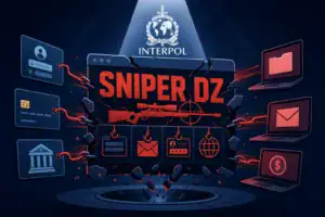 Interpol-Logo und Grafik zu Sniper DZ Phishing-As-a-Service.