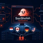 Visual representation of SocGholish malware network disrupting fake updates.