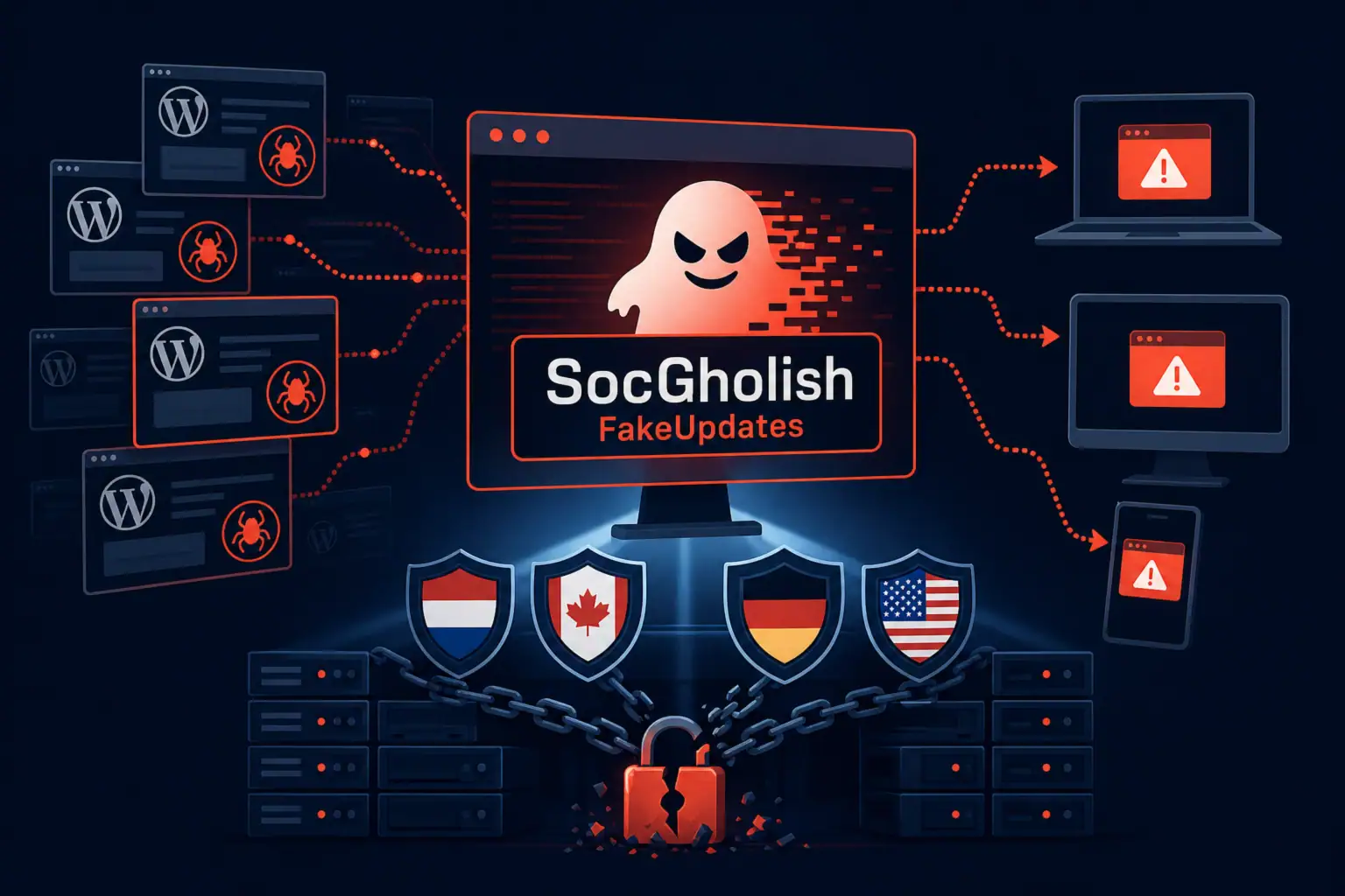 Ілюстрація комп'ютерної мережі з шкідливим ПЗ SocGholish.