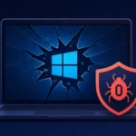 Computer screen displaying a shattered Windows logo with a bug icon.