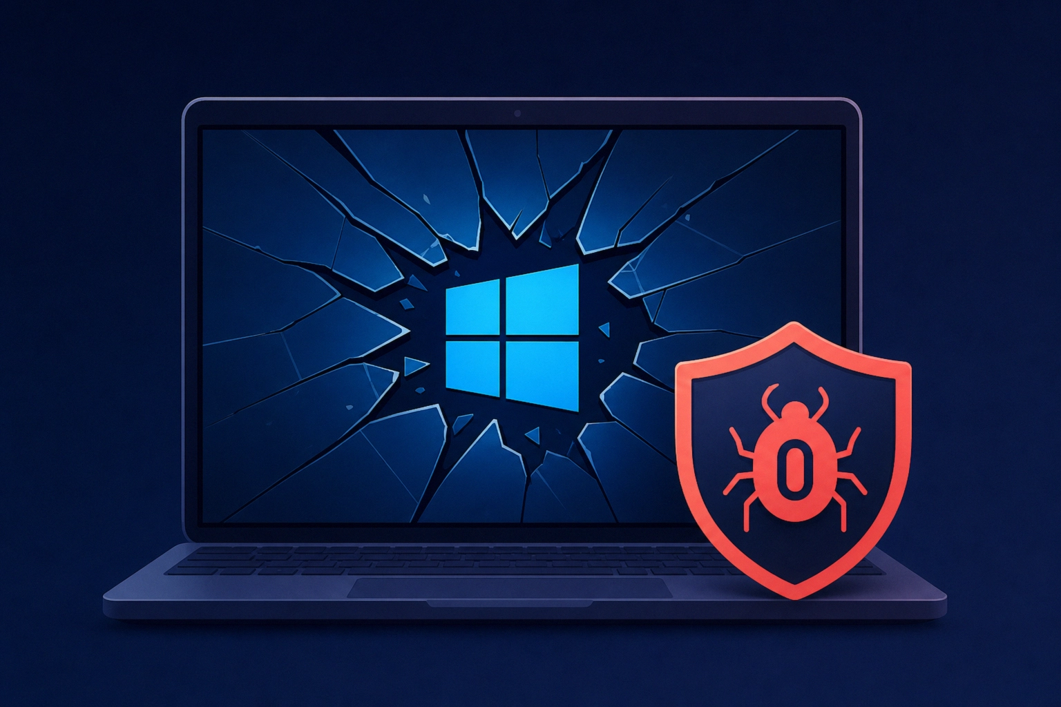 Computer screen displaying a shattered Windows logo with a bug icon.