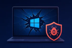 Ноутбук с треснувшим экраном и логотипом Windows, символизирующий уязвимость.