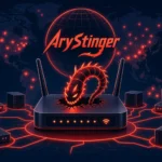 Digital illustration of AryStinger Botnet concept with routers and a serpent-like figure.