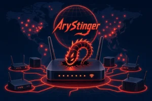 Digital illustration of AryStinger Botnet concept with routers and a serpent-like figure.