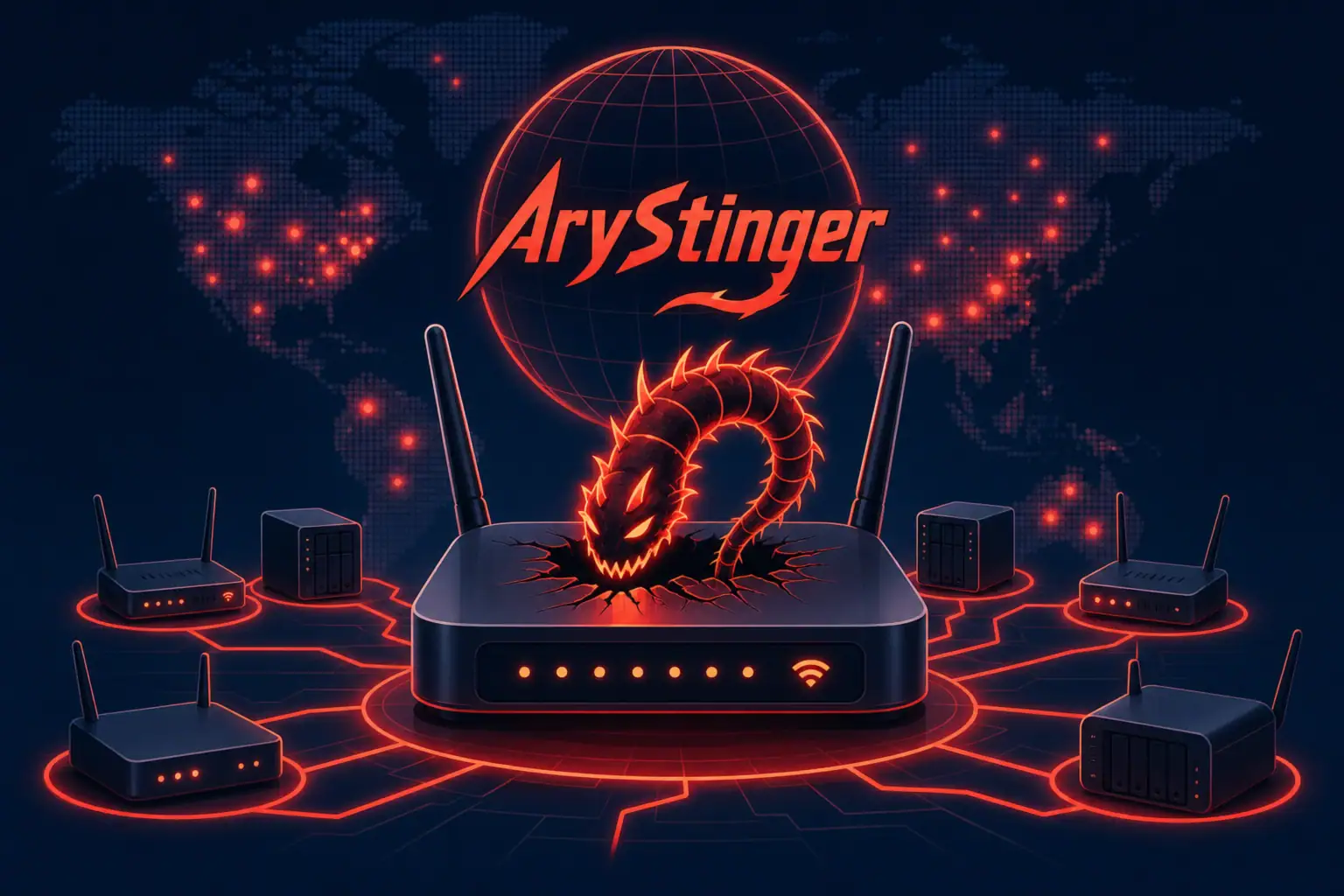 Digital illustration of AryStinger Botnet concept with routers and a serpent-like figure.