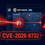 Vulnerability graphic highlighting CVE-2026-8732 and WP Maps Pro admin access.
