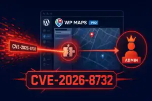 Vulnerability graphic highlighting CVE-2026-8732 and WP Maps Pro admin access.