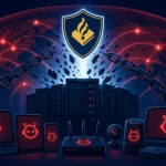 Схематичне зображення ботнету, серверів і пристроїв в кібернетичній безпеці.