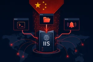 Visual representation of new cyber threats targeting IIS servers, linked to China.