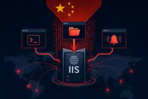 Grafische Darstellung eines IIS-Servers im Kontext eines Cyberangriffs aus China.