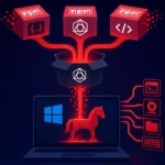 Malicious npm packages revealing a trojan horse on a laptop screen.