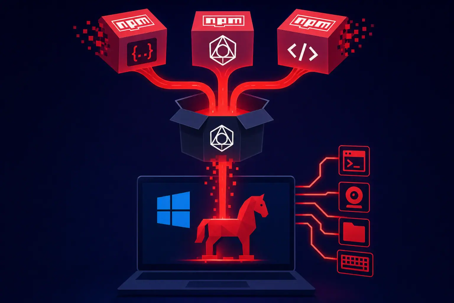 Malicious npm packages revealing a trojan horse on a laptop screen.