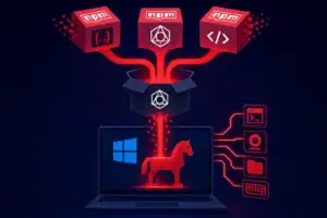 Malicious npm packages delivering a Windows RAT illustrated with a laptop and red accents.