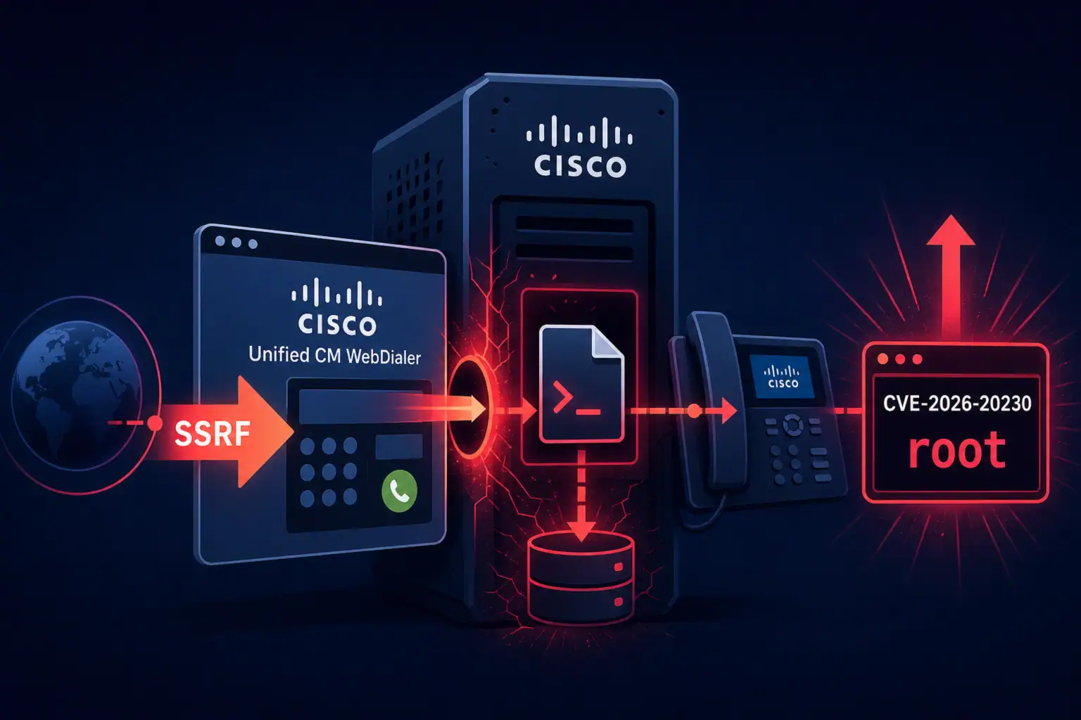 Схема уязвимости SSRF в WebDialer Cisco с указанием CVE-2026-20230.