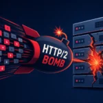 Illustration of a bomb labeled “HTTP/2 BOMB” targeting servers, depicting a DoS concept.