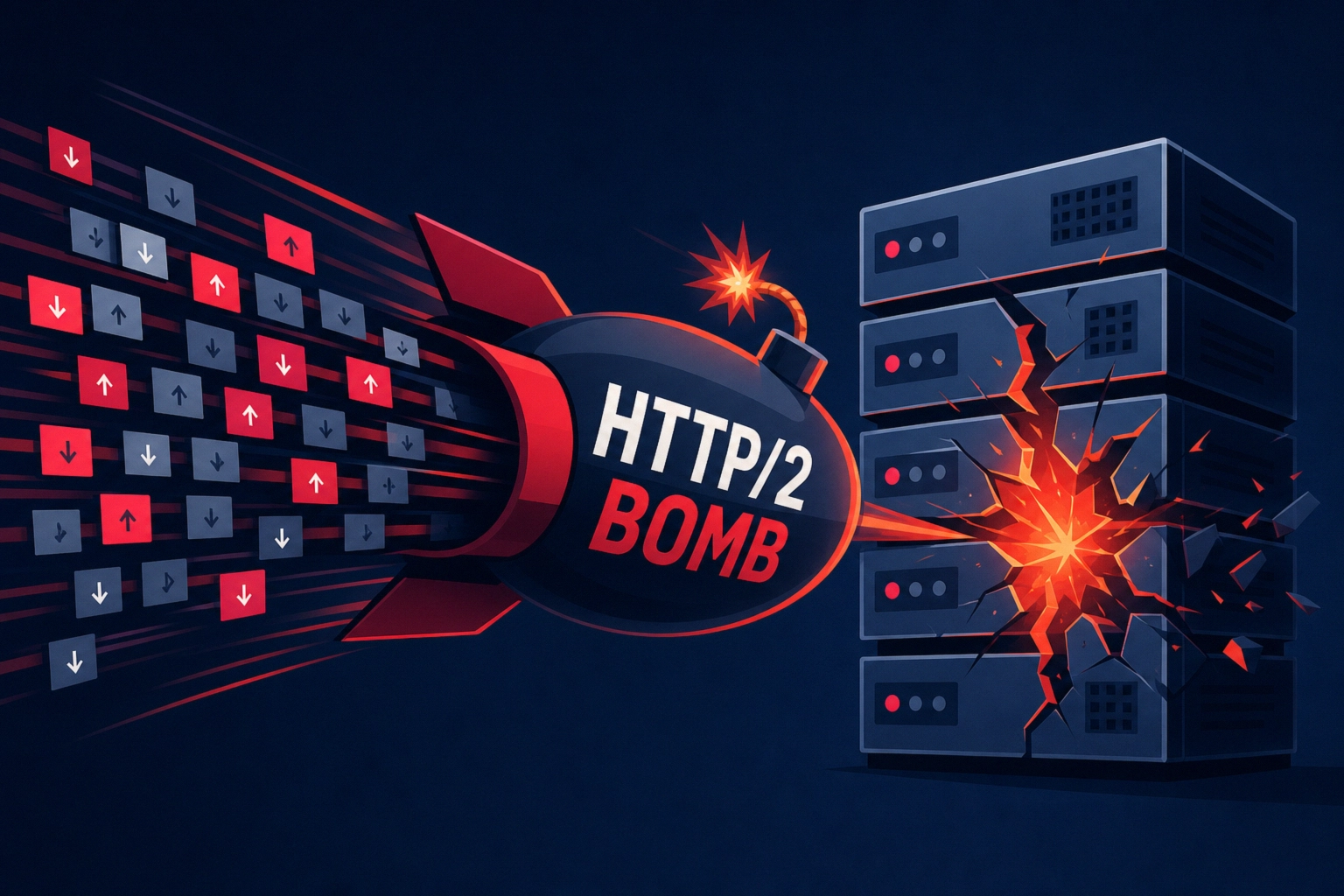 Illustration of a bomb labeled “HTTP/2 BOMB” targeting servers, depicting a DoS concept.