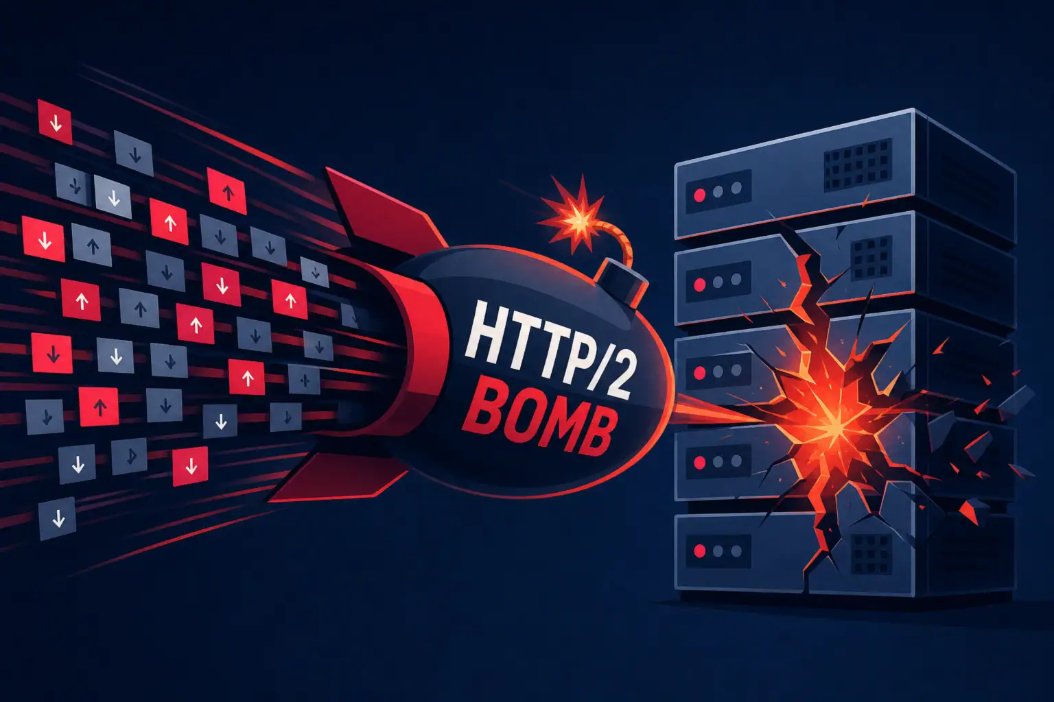 Ilustración de una bomba HTTP/2 dirigiéndose a servidores que explotan.
