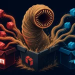 Giant worm emerging from boxes representing npm and Go, surrounded by floating packages.
