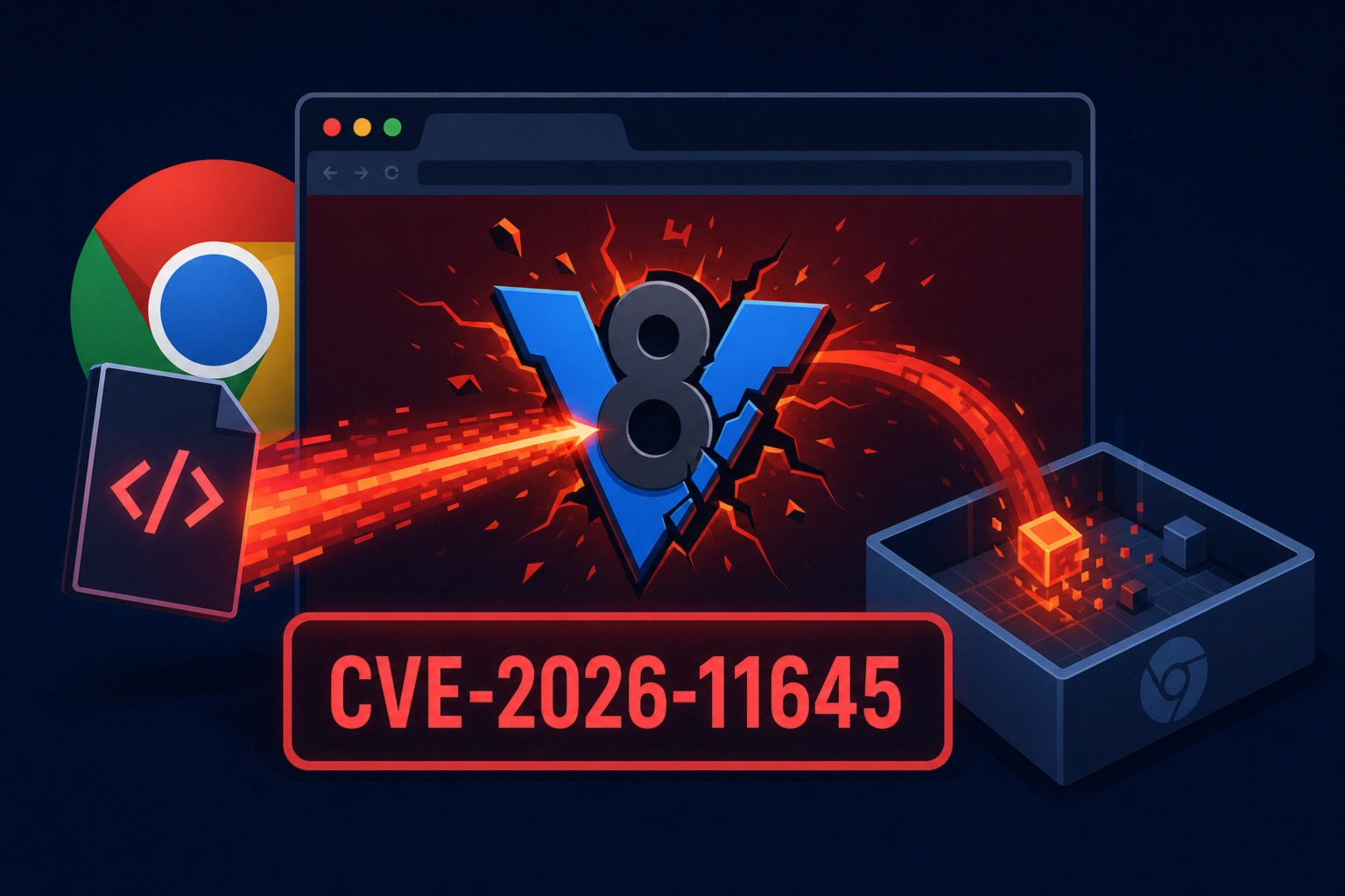 Chrome logo and CVE-2026-11645 graphic in a digital security update visual.