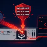 Зображення FortiSandbox з трьома критичними CVE та графікою загроз.