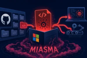 Illustration depicting Miasma hack affecting GitHub and Microsoft.